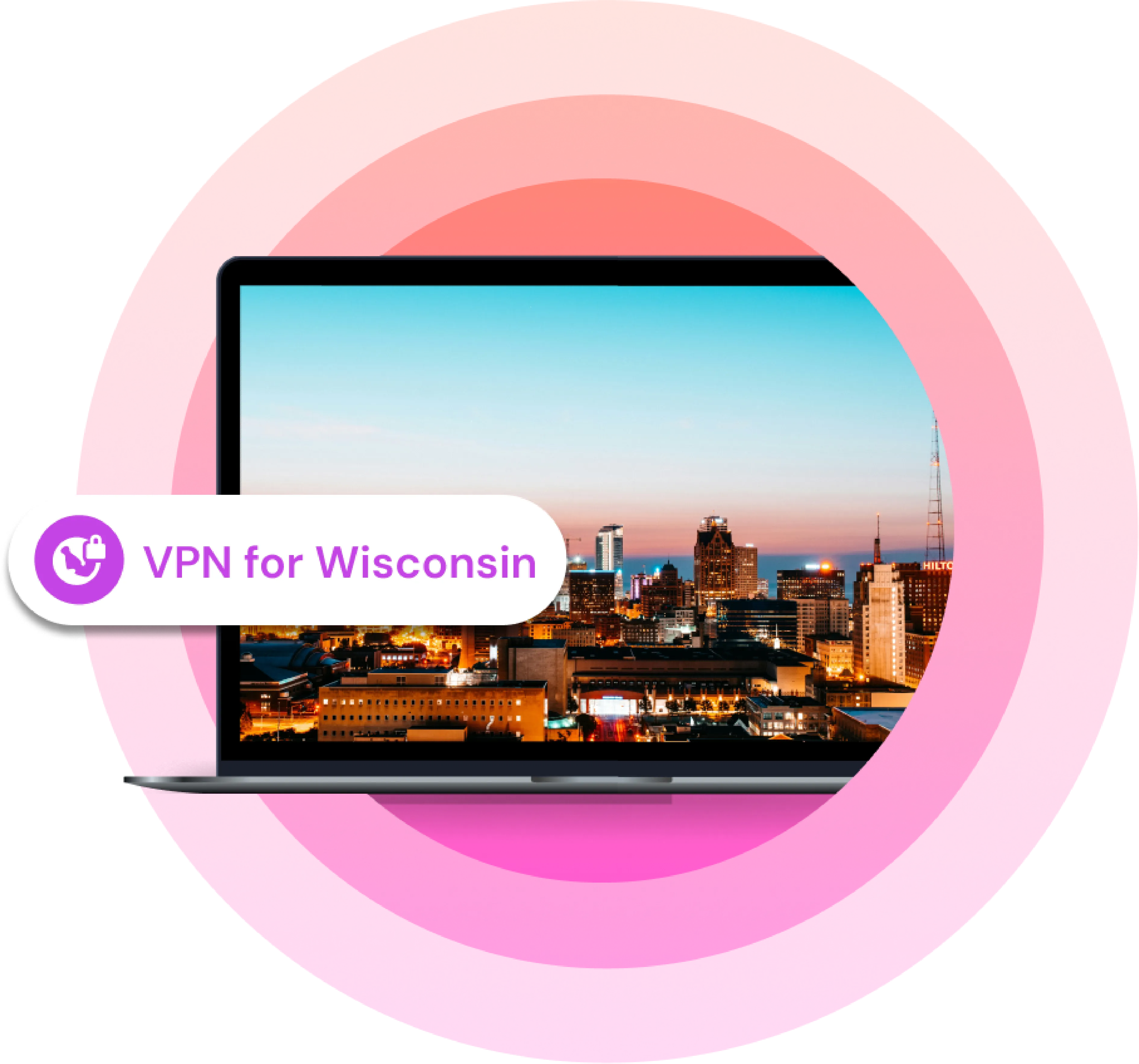 Laptop with an image of a city in Wisconsin at dusk